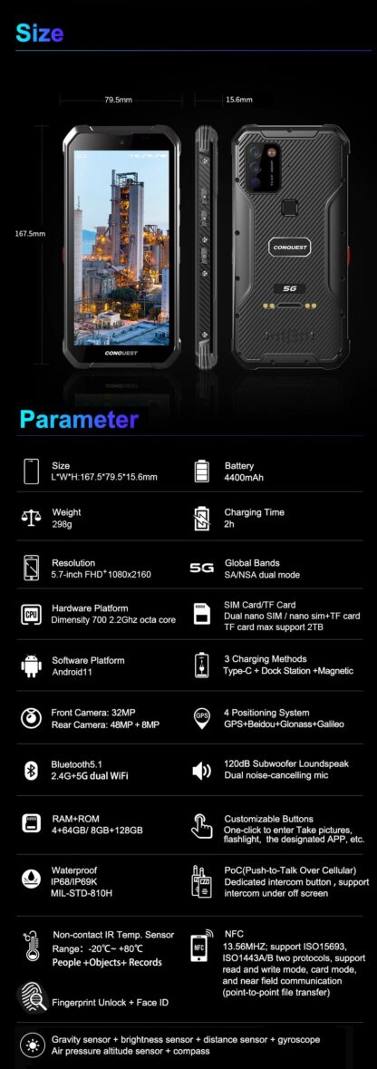 Conquest S21 5G rugged phone - 8/128GB Android 11, 48MP Sony camera, Dimensity 700, 5.7" screen, Dual VoLTE, 4400 mAh - Image 14
